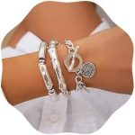 3pcs Boho Layered Beaded Bracelets Set for Women Dainty Stretch Elastic Round Ball Beads Tube Chunky Chain Bracelets Stackable Silver Toggle Cuban Link Bracelets Trendy Jewelry