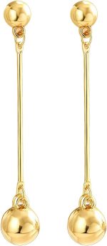 Linear Drop Earrings for Women, Geometric Long Bar and Ball Dangle Minimalist Stick Sphere Pendant Polished Fashion Jewelry