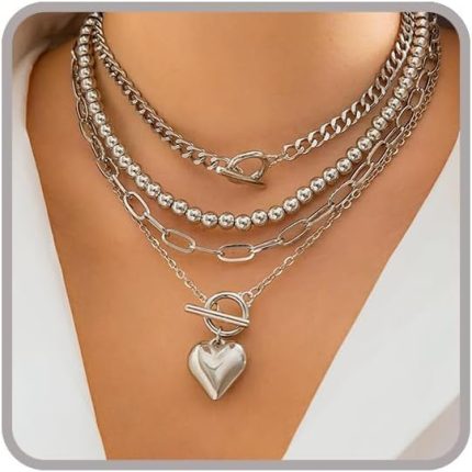 Chunky Necklace for Women Layered Necklaces for Women Paperclip Chain Necklace Big Heart Pendant Necklaces Stack Jewelry Set