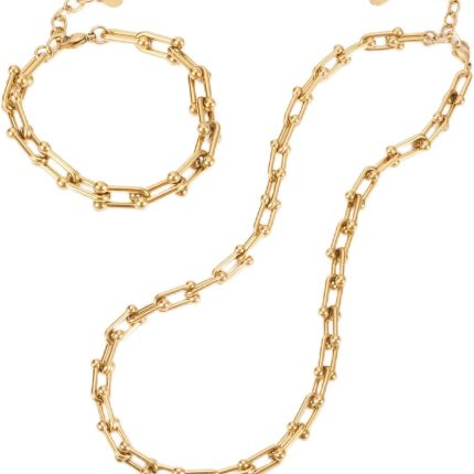 Gold Chunky Paperclip Necklace Bracelet for Women Fashion Cuban Statement Link Chain Jewelry Set