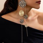 Leopard Long Tassel Multi Print Statement Earrings For Women Disc Geometric Drop Gold Tone Round Textured Asymmetrical Chain Fashion Boho Chic Party - Image 2