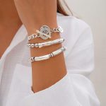3pcs Boho Layered Beaded Bracelets Set for Women Dainty Stretch Elastic Round Ball Beads Tube Chunky Chain Bracelets Stackable Silver Toggle Cuban Link Bracelets Trendy Jewelry - Image 2