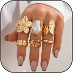 Chunky Gold Rings for Women Non Tarnish 6 PCS Vintage Stackable Flower Baroque Pearl Rhinestone Rings set Adjustable Trendy Statement Jewelry