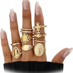 Vintage Gold Virgin Mary Cross Rings Set for Women,10Pcs Chunky Stackable Cross Knuckle Rings Set Retro Jewlery Accessories