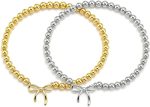 2PCS Dainty Beaded Bracelet Set for Women - Waterproof Silver Gold Bow Charm Stretch Ball Handmade Stackable Bracelets, Trendy Adjustable Jewelry Birthday Gifts for Her - Image 2