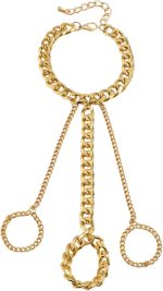 Punk Layered Cuban Link Chain Bracelet with Finger Ring Chunky Chain Tassel Hand Harness Boho Wrist Chain for Women Teens Girls