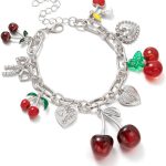 Cherry Bow Heart Charm Bracelet, Gold Chunky  Fruit Realistic Enamel Pearl Adjustable Chain Handmade Fashionable Christmas Jewelry Gifts for Women