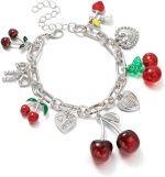 Cherry Bow Heart Charm Bracelet, Gold Chunky  Fruit Realistic Enamel Pearl Adjustable Chain Handmade Fashionable Christmas Jewelry Gifts for Women