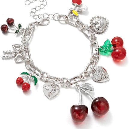 Cherry Bow Heart Charm Bracelet, Gold Chunky  Fruit Realistic Enamel Pearl Adjustable Chain Handmade Fashionable Christmas Jewelry Gifts for Women