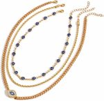 3 Pcs Evil Eye Layered Necklace Set for Women - Gold Plated Cuban & Rope Chain with Blue Nazar Beads & Crystal Pendant, Boho Protection Amulet Jewelry Gift for Her Mom Wife
