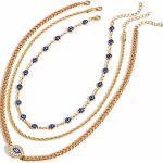 3 Pcs Evil Eye Layered Necklace Set for Women - Gold Plated Cuban & Rope Chain with Blue Nazar Beads & Crystal Pendant, Boho Protection Amulet Jewelry Gift for Her Mom Wife
