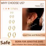 5 Pairs Gold Plated Hoop Earrings for Women - Lightweight Minimalist Small Hoops, Hypoallergenic Nickel-free Lead-free, Non-Tarnish Everyday Jewelry for Sensitive Ears, Multiple Piercing Stack Set - Image 2