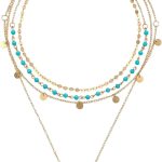 Gold Layereds Turquoise Necklace Multi Dainty Boho Western Long Country Necklace Trendy Summer Beach Bohemian Coin Pendant Necklaces Beaded Country Concert Fashion Jewelry Cowgirl for Women