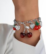 Cherry Bow Heart Charm Bracelet, Gold Chunky  Fruit Realistic Enamel Pearl Adjustable Chain Handmade Fashionable Christmas Jewelry Gifts for Women - Image 2