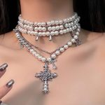 Layered Pearl Necklace Gothic Cross Pearl Stacked Necklace for Women - Image 2