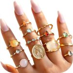 Chunky Gold Rings for Women Non Tarnish, Baroque Pearl Flower Tiger's Eye Stone Rings Adjustable Stacking Statement Rings Set Fashion Jewelry Gifts