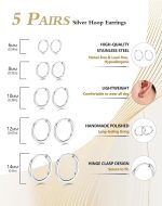 5 Pairs Small Hoop Earrings for Women, Stainless Steel Lightweight Hypoallergenic Silver/Gold Earrings for Sensitive Ears, Stackable Cartilage Hoop, Minimalist Everyday Jewelry (6/8/10/12/14mm) - Image 2