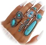 7 PCS Silver Stackable Rings Set for Women Vintage Antique Silver Rings for Women Imitation Turquoise Boho Rings Set Fashion Jewelry Gifts