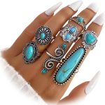 7 PCS Silver Stackable Rings Set for Women Vintage Antique Silver Rings for Women Imitation Turquoise Boho Rings Set Fashion Jewelry Gifts