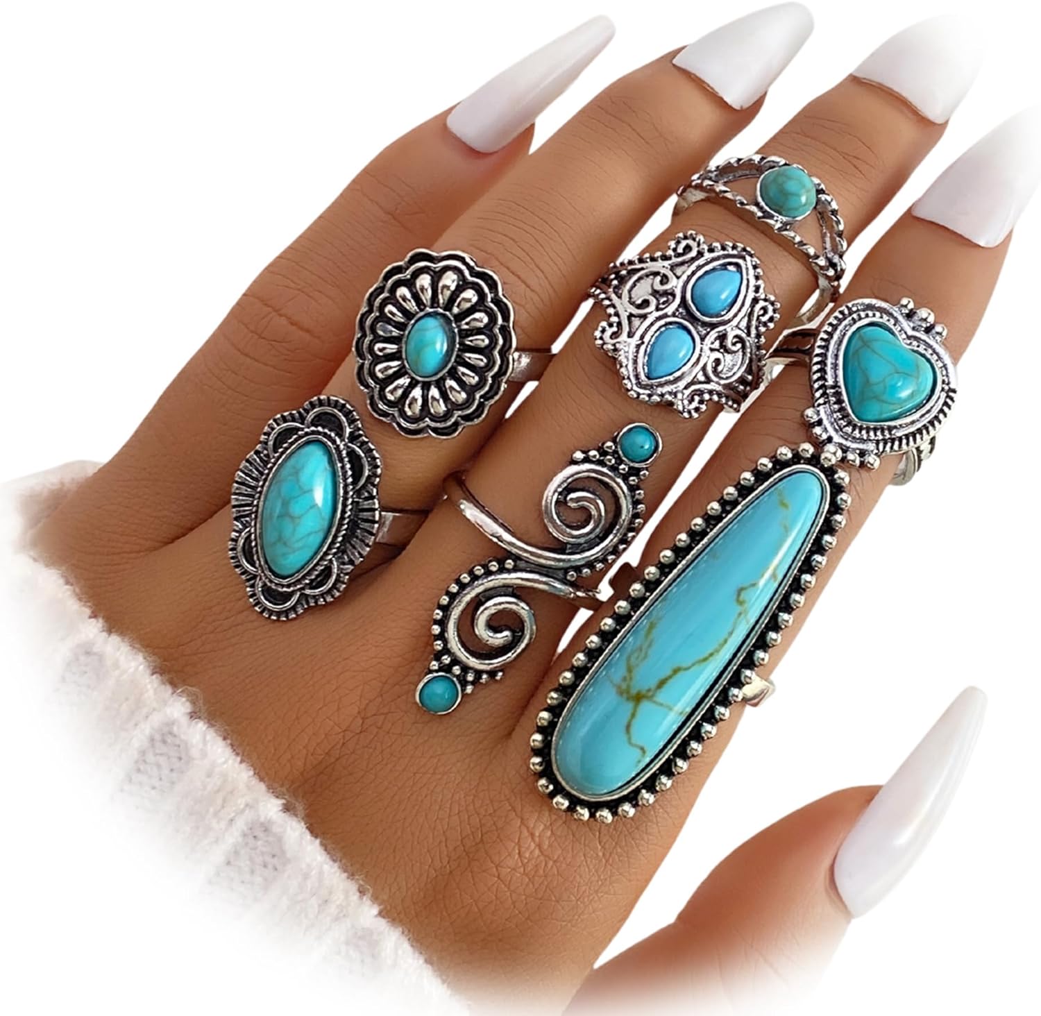 71PXSQsNK0L._AC_SL1500_.jpg 7 PCS Silver Stackable Rings Set for Women Vintage Antique Silver Rings for Women Imitation Turquoise Boho Rings Set Fashion Jewelry Gifts - Image 1