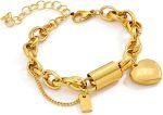 Gold Heart Pendant Chunky Chain Bracelet for Women –Gold Plated Stainless Steel Love Charm Bracelet, Adjustable Link Chain Jewelry for Valentine’s Day/Birthday Gifts