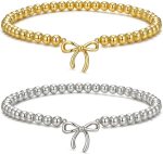 2PCS Dainty Beaded Bracelet Set for Women - Waterproof Silver Gold Bow Charm Stretch Ball Handmade Stackable Bracelets, Trendy Adjustable Jewelry Birthday Gifts for Her