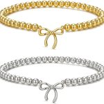 2PCS Dainty Beaded Bracelet Set for Women - Waterproof Silver Gold Bow Charm Stretch Ball Handmade Stackable Bracelets, Trendy Adjustable Jewelry Birthday Gifts for Her