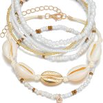 Shell Ankle Bracelet Set for Women, Gold Plated Boho Bead Adjustable Anklet, Hawaiian Beach Seashell Pearl Heart Starfish Conch Foot Jewelry Gifts