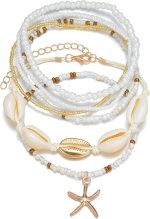 Shell Ankle Bracelet Set for Women, Gold Plated Boho Bead Adjustable Anklet, Hawaiian Beach Seashell Pearl Heart Starfish Conch Foot Jewelry Gifts