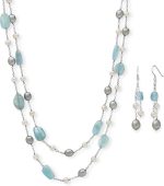 Natural Aquamarine or Rose Quartz Cultured Freshwater Pearl Layered Station Necklace in Sterling Silver, Multi-Strand 18" Rolo Chain, Real Pearl Jewelry for Women, Gift Box Included