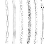 Dainty Silver Plated Bracelets for Women Trendy, Silver Jewelry Set for Women Bracelets for Women Paperclip Box Herringbone Figaro Rope Chain Bracelet Fashion Pack Gifts for Women