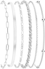 Dainty Silver Plated Bracelets for Women Trendy, Silver Jewelry Set for Women Bracelets for Women Paperclip Box Herringbone Figaro Rope Chain Bracelet Fashion Pack Gifts for Women